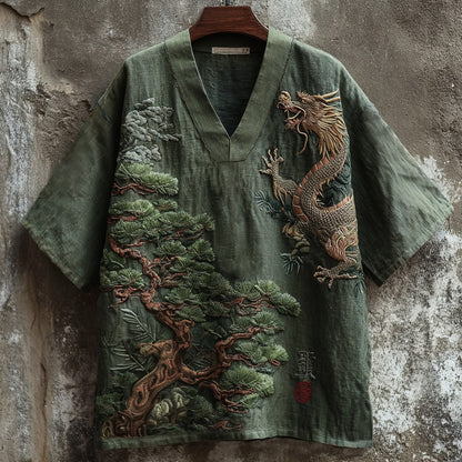 Vintage Dragon And Pine Tree Embroidery Art Linen Shirt