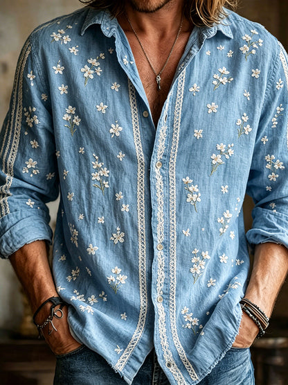 Vintage White Cherry Blossom And Lace Embroidery Casual Shirt