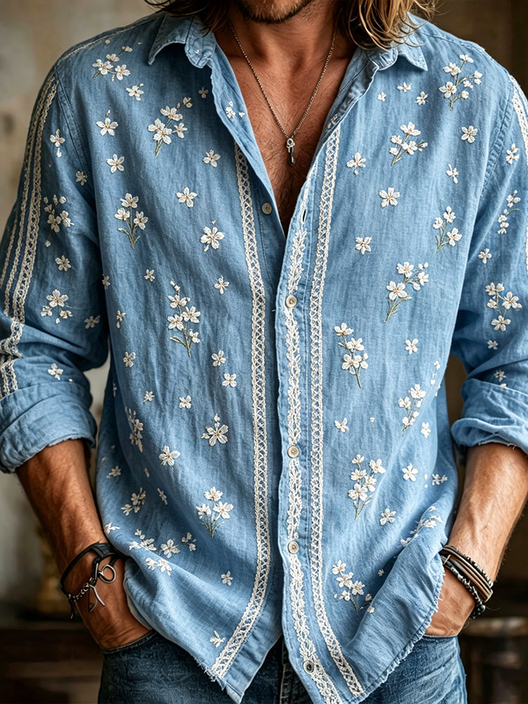 Vintage White Cherry Blossom And Lace Embroidery Casual Shirt