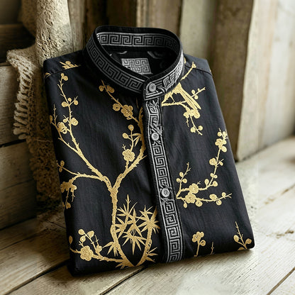Vintage Japanese Flowers Art Pattern Casual Shirt