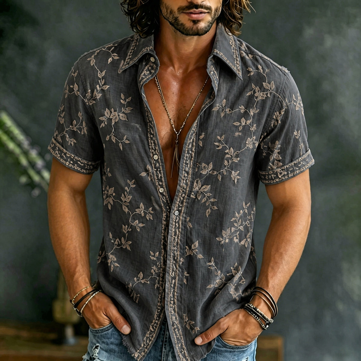 Men's Retro Floral Embroidered Short-sleeve Shirt