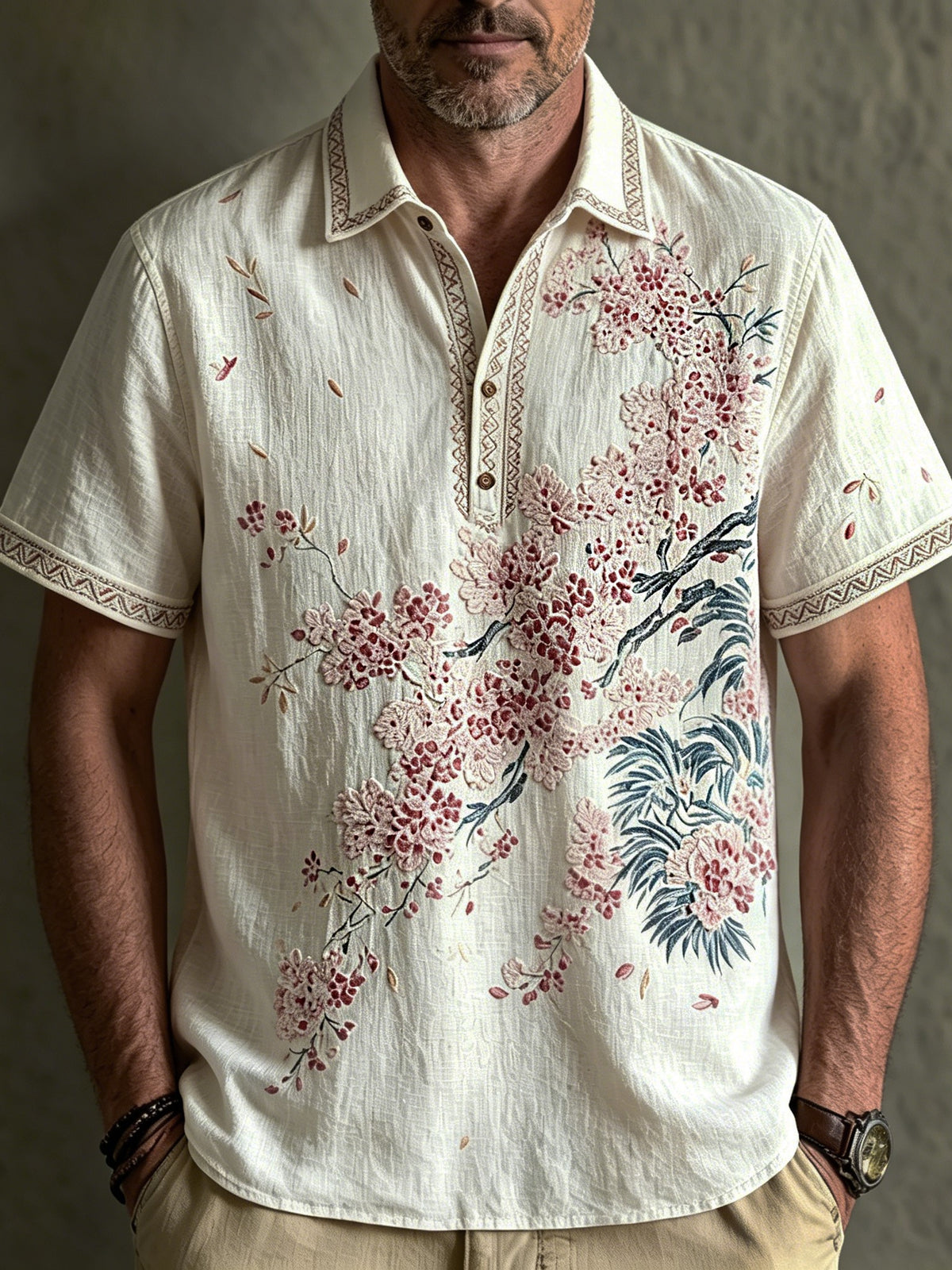 Men's Retro Japanese Floral Print Cotton Linen Comfortable Polo Shirt