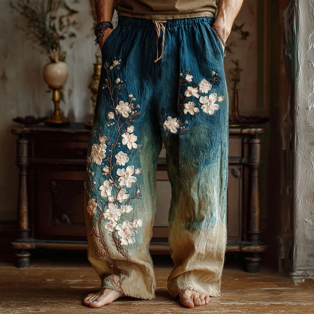 Men's Japanese Apricot Blossom Oil Painting Art Art Vintage Linen Pants