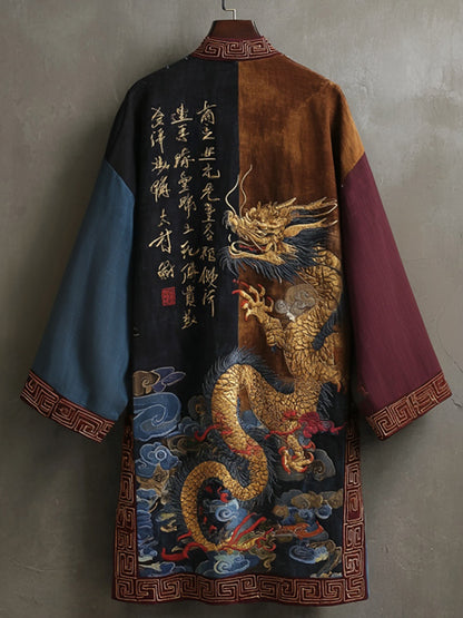Japanese Style Retro Calligraphy Dragon Art Patchwork Flowing Kimono
