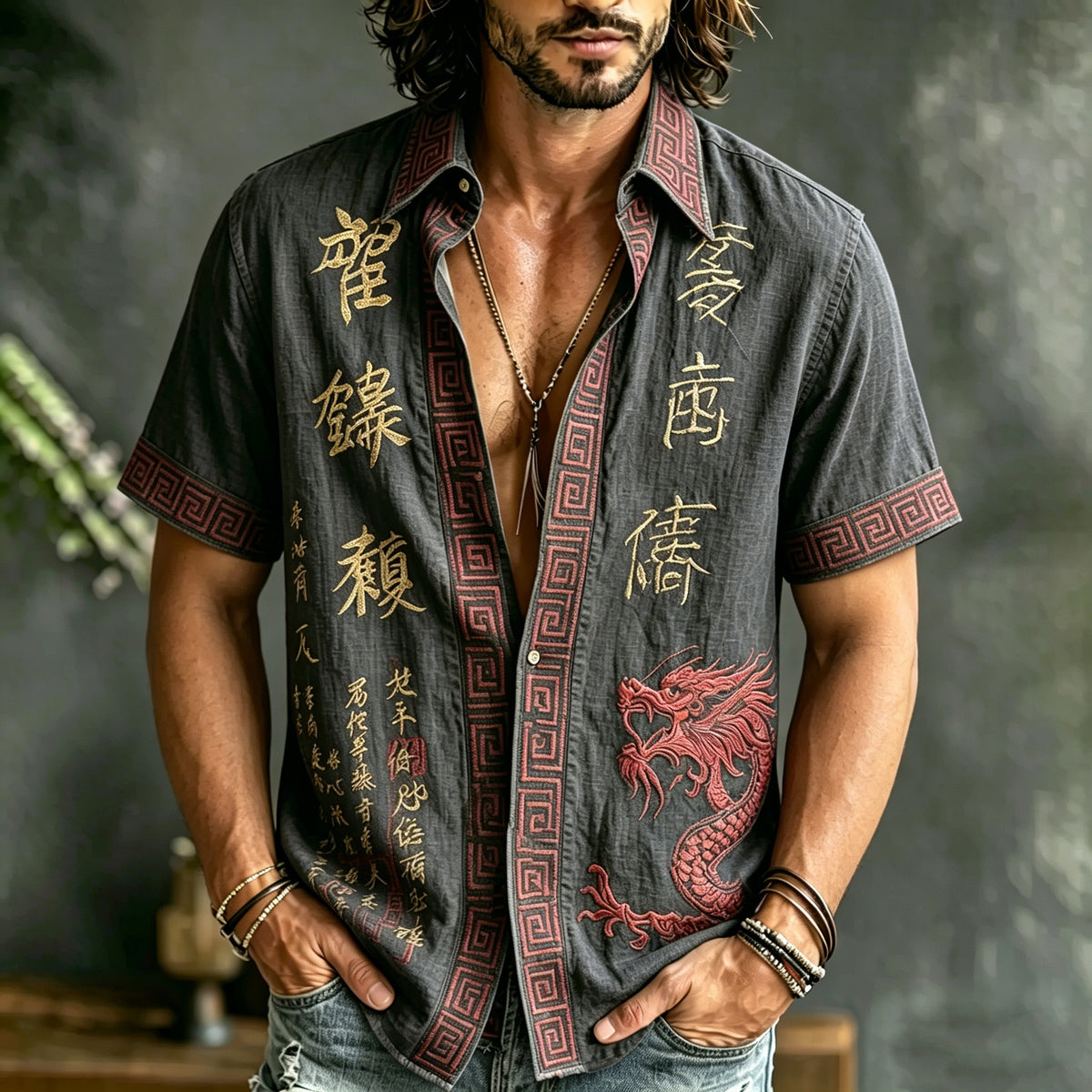 Men's Retro Japanese Calligraphy And Dragon Art Pattern Casual Linen Blend Shirt