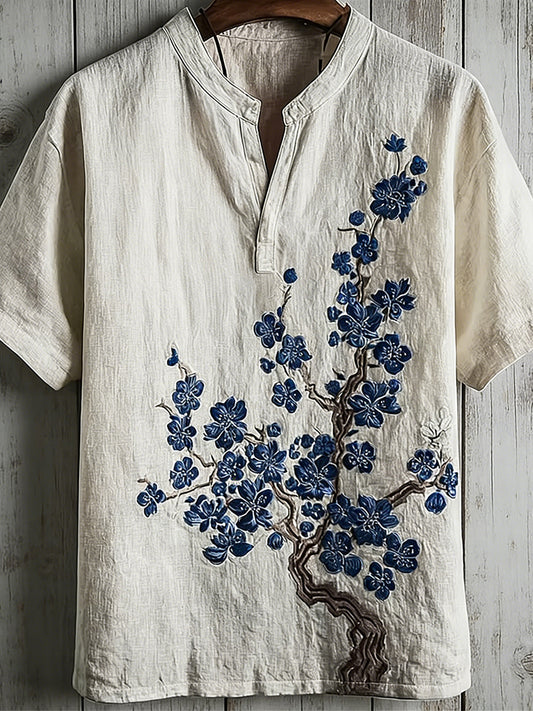 Vintage Japanese Plum Blossom Art Comfy Linen Shirt