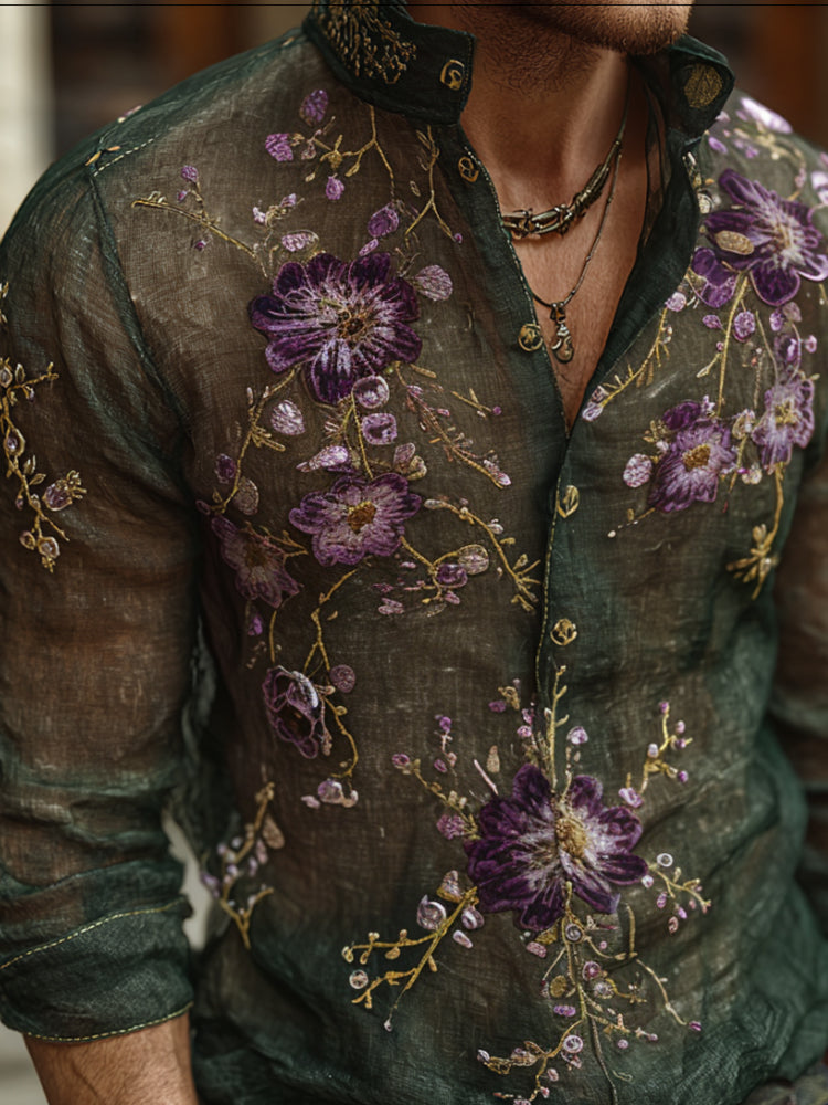 Bohemian Style Purple Flower Vintage Men's Long-sleeved Shirt