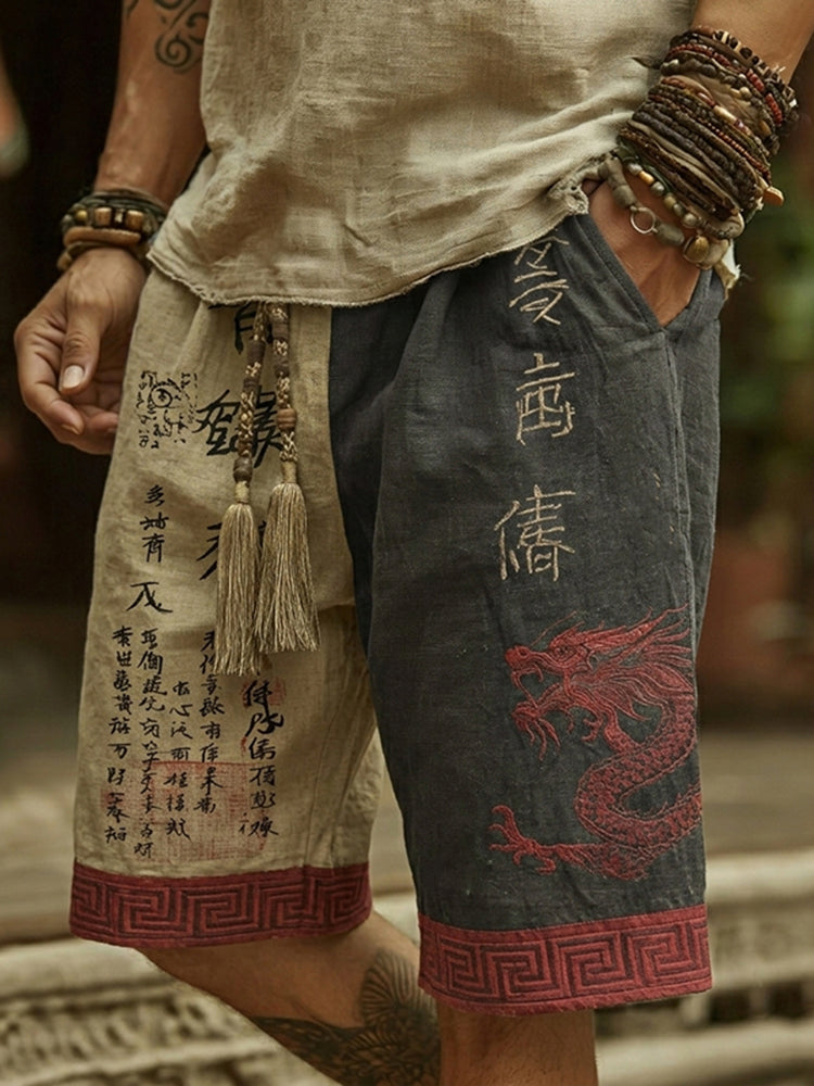 Men's Retro Japanese Calligraphy And Dragon Art Pattern Linen Blend Shorts