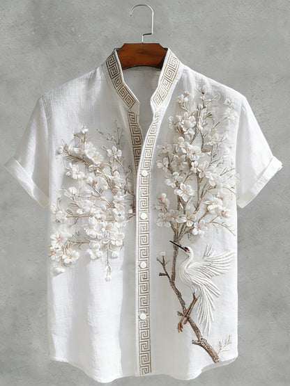 Japanese  Cherry Blossom & Crane Art Linen Blend Shirt