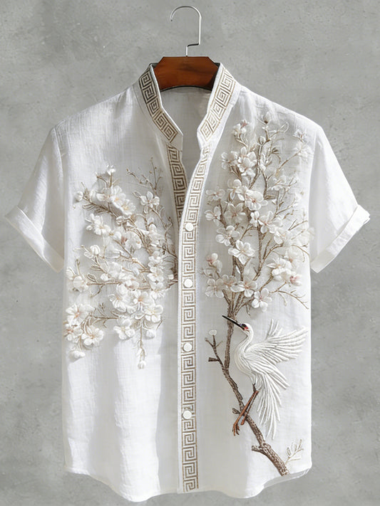 Japanese  Cherry Blossom & Crane Art Linen Blend Shirt