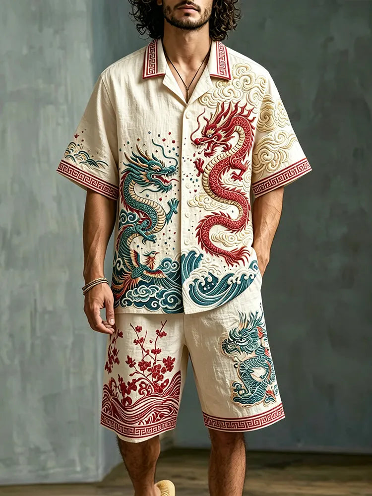 Men's Japanese Art Dragon Floral Design Cotton Linen Short-sleeve And Shorts Two-piece Set