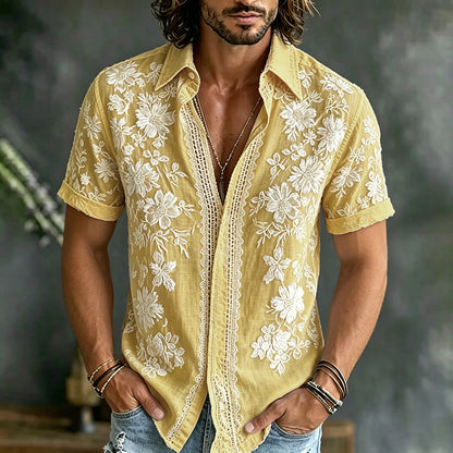 Men's Floral Art Embroidery Casual Cotton Linen Shirt