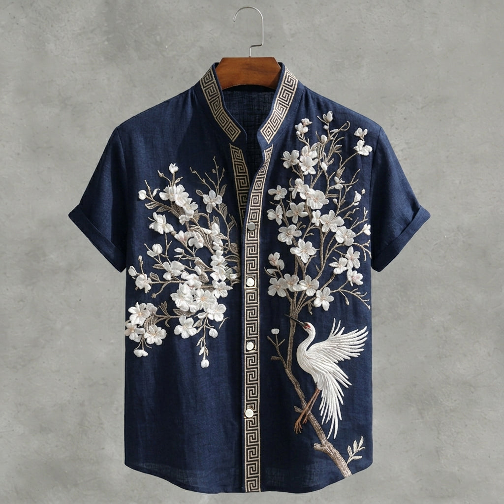 Japanese  Cherry Blossom & Crane Art Linen Blend Shirt