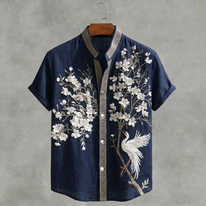 Japanese  Cherry Blossom & Crane Art Linen Blend Shirt