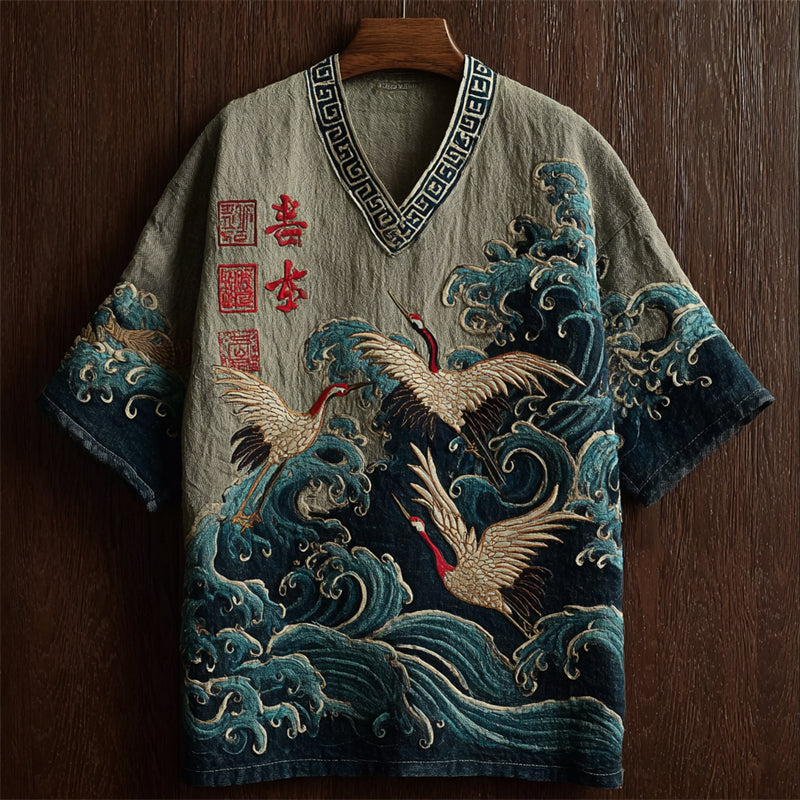 Men's Japanese Cranes & Sea Waves V Neck Linen Shirt