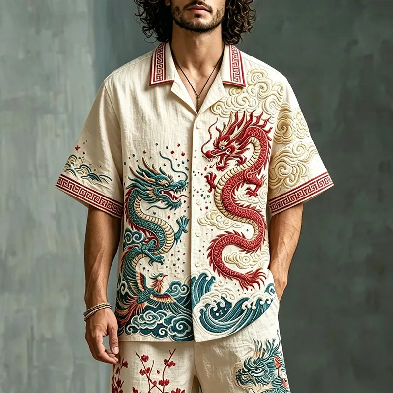 Men's Japanese Art Dragon Floral Design Cotton Linen Short-sleeve And Shorts Two-piece Set