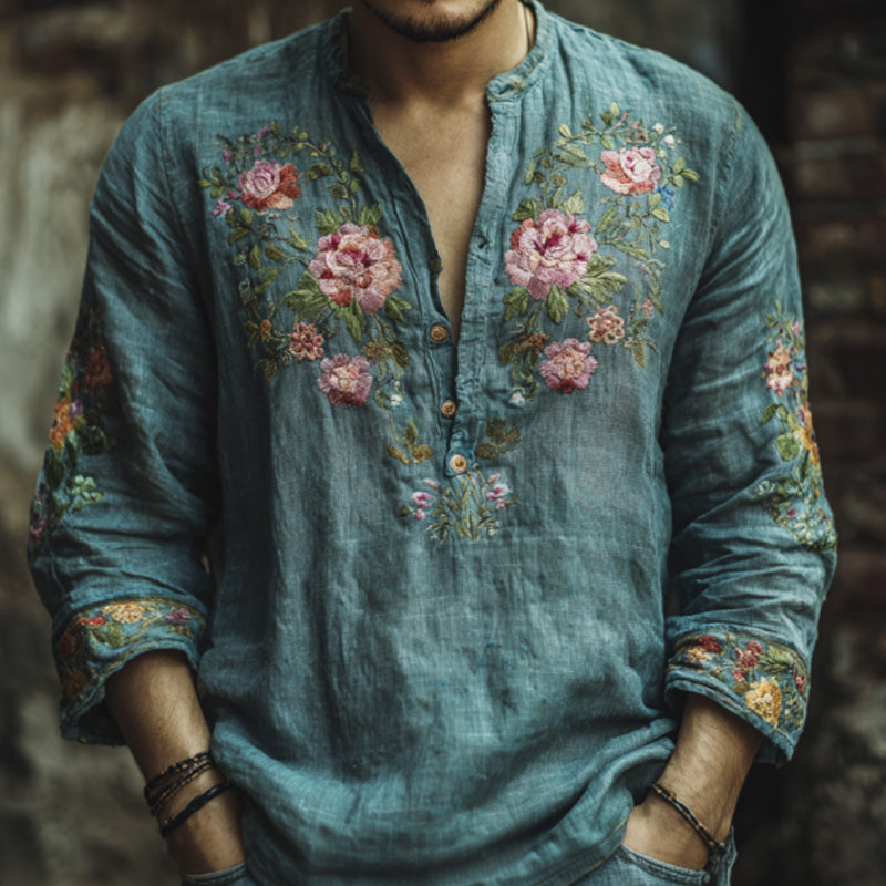 Men's Vintage Floral Embroidered Comfy Linen Shirt