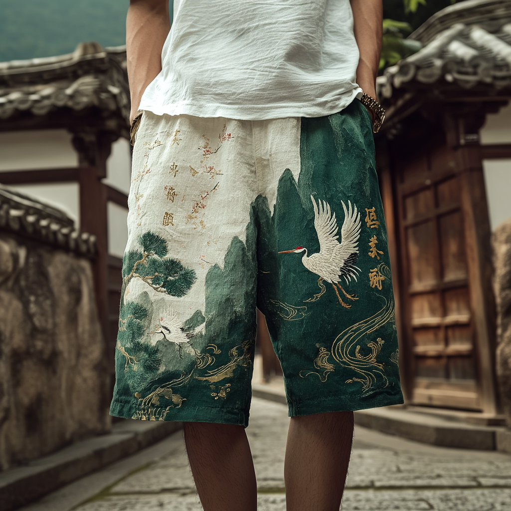 Japanese Art Retro Crane And Landscape Pattern Design Casual Linen Shorts