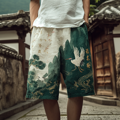 Japanese Art Retro Crane And Landscape Pattern Design Casual Linen Shorts