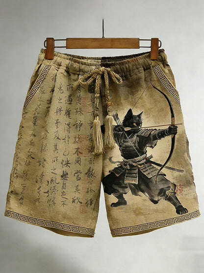 Men's Black Cat Samurai And Calligraphy Pattern Linen Blend Shorts