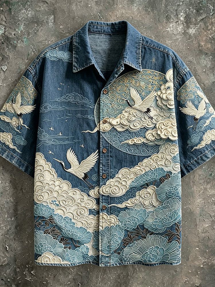 Men's Retro Ukiyo-e Japanese Crane & Cloud Embroidered Denim Camp Shirt