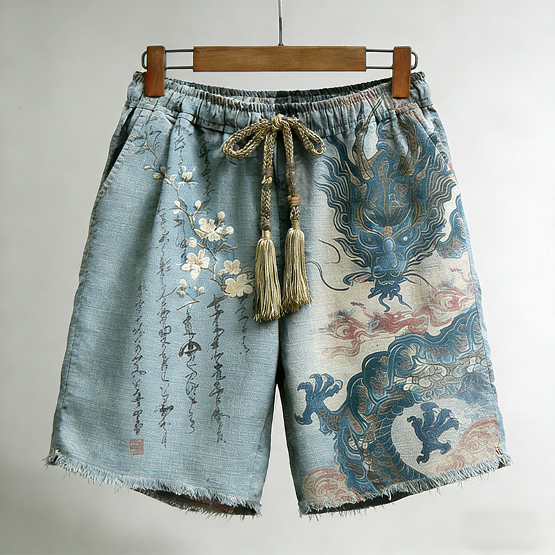 Men's Retro Floral Calligraphy And Dragon Pattern Art Casual Shorts