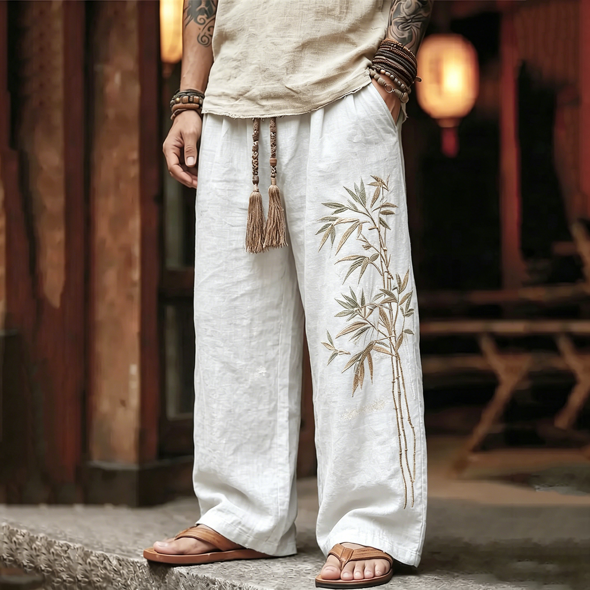 Men's Vintage Japanese Bamboo Embroidery Art Linen Blend Pants