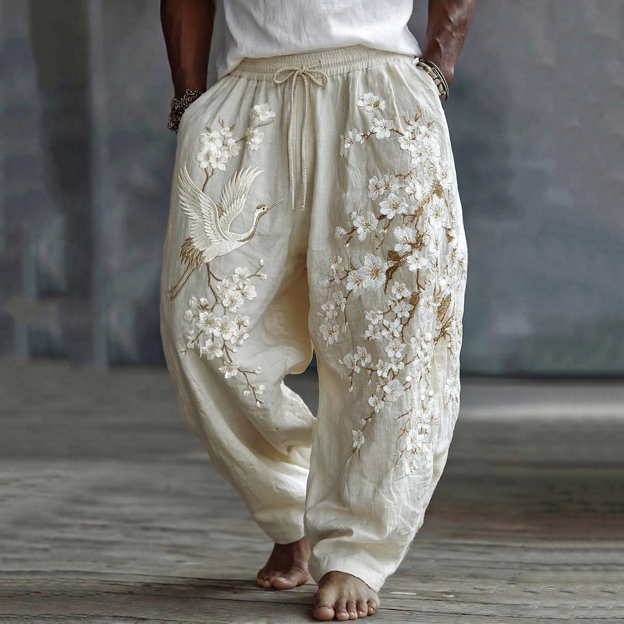 Men's Japanese Style White Almond Blossom And Cranes Art Cotton Linen Vintage Pants