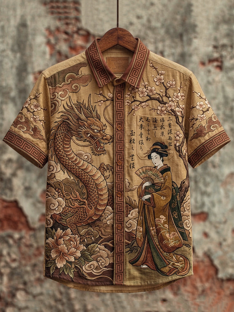 Vintage Elegant Japanese Geisha And Dragon Art Printed Short-sleeve Shirt