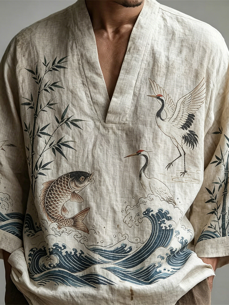 Men's Japanese Bamboo Crane Wave Design Short-sleeve Top