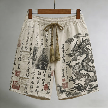 Men's Calligraphy With Dragon Art Pattern Linen Blend Casual Shorts