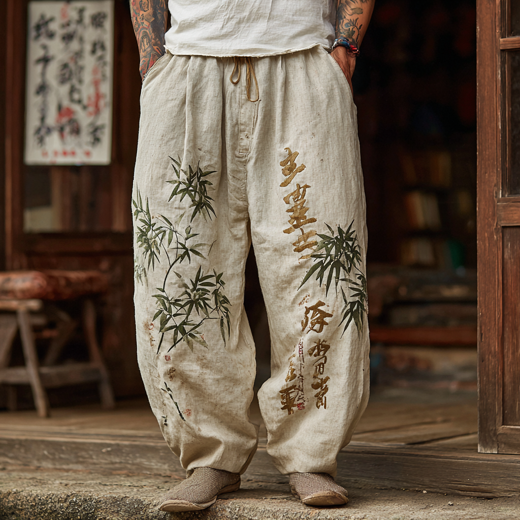 Japanese Retro Bamboo And Calligraphy Line Art Design Men's Casual Linen Long Pants