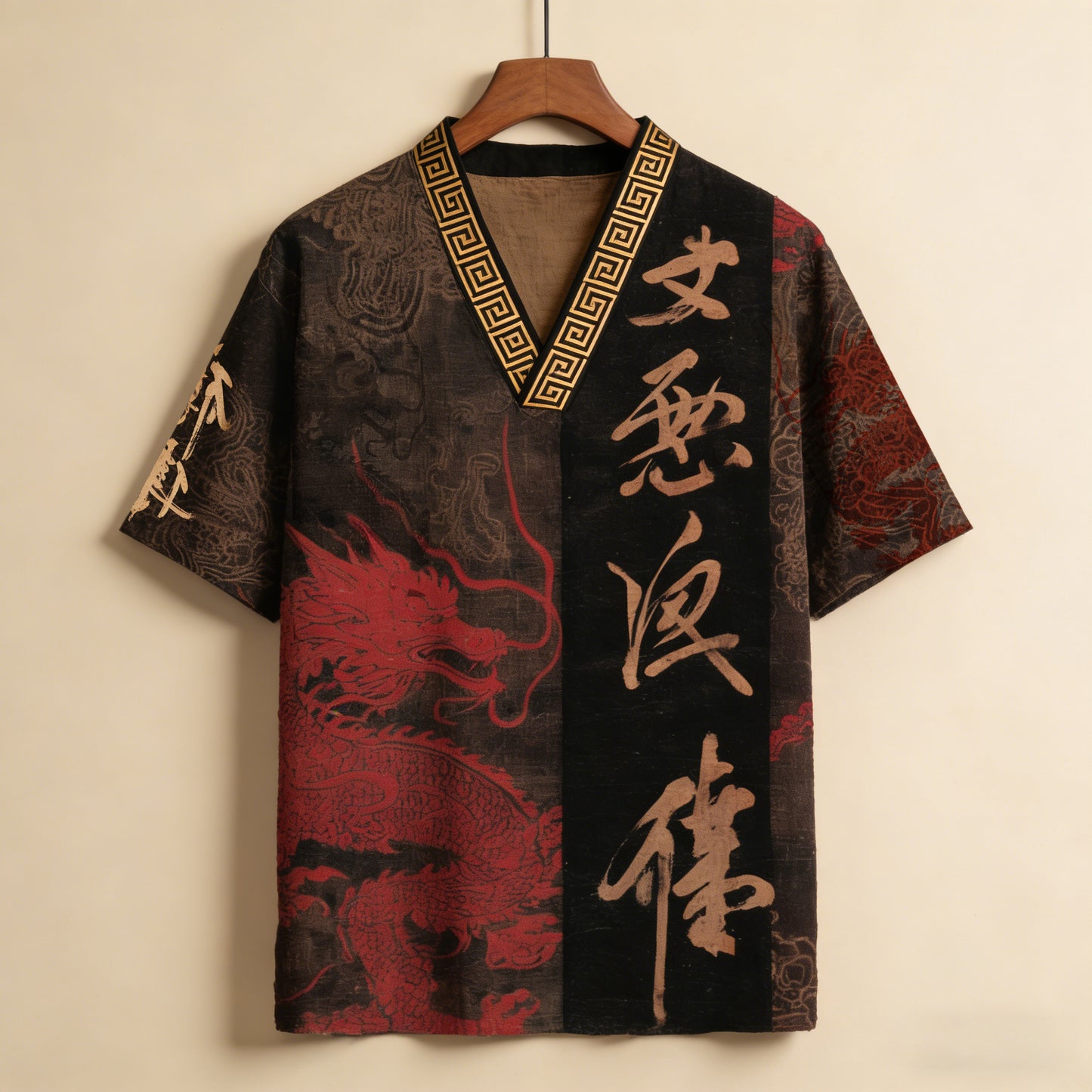 Men's Calligraphy With Dragon Art Print Short Sleeve Shirt