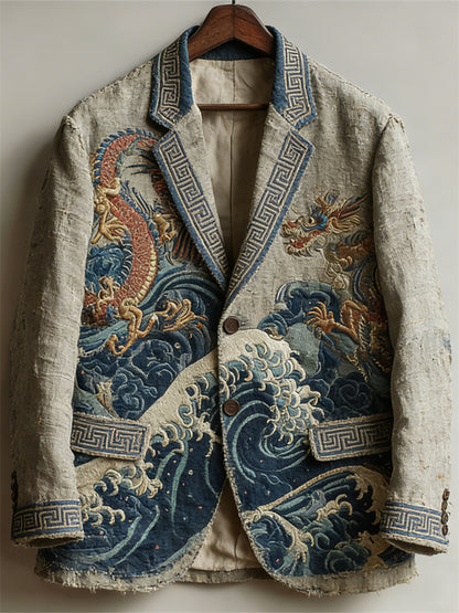 Men's Dragons Sea Waves Japanese Art Vintage Linen Blazer