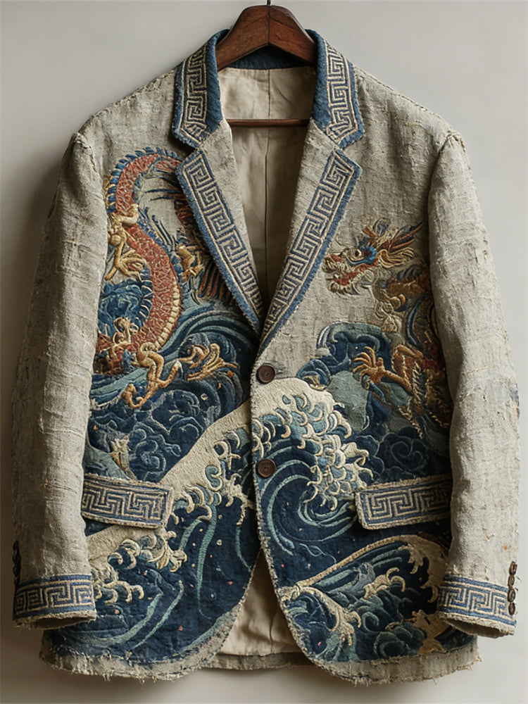 Men's Dragons Sea Waves Japanese Art Vintage Linen Blazer