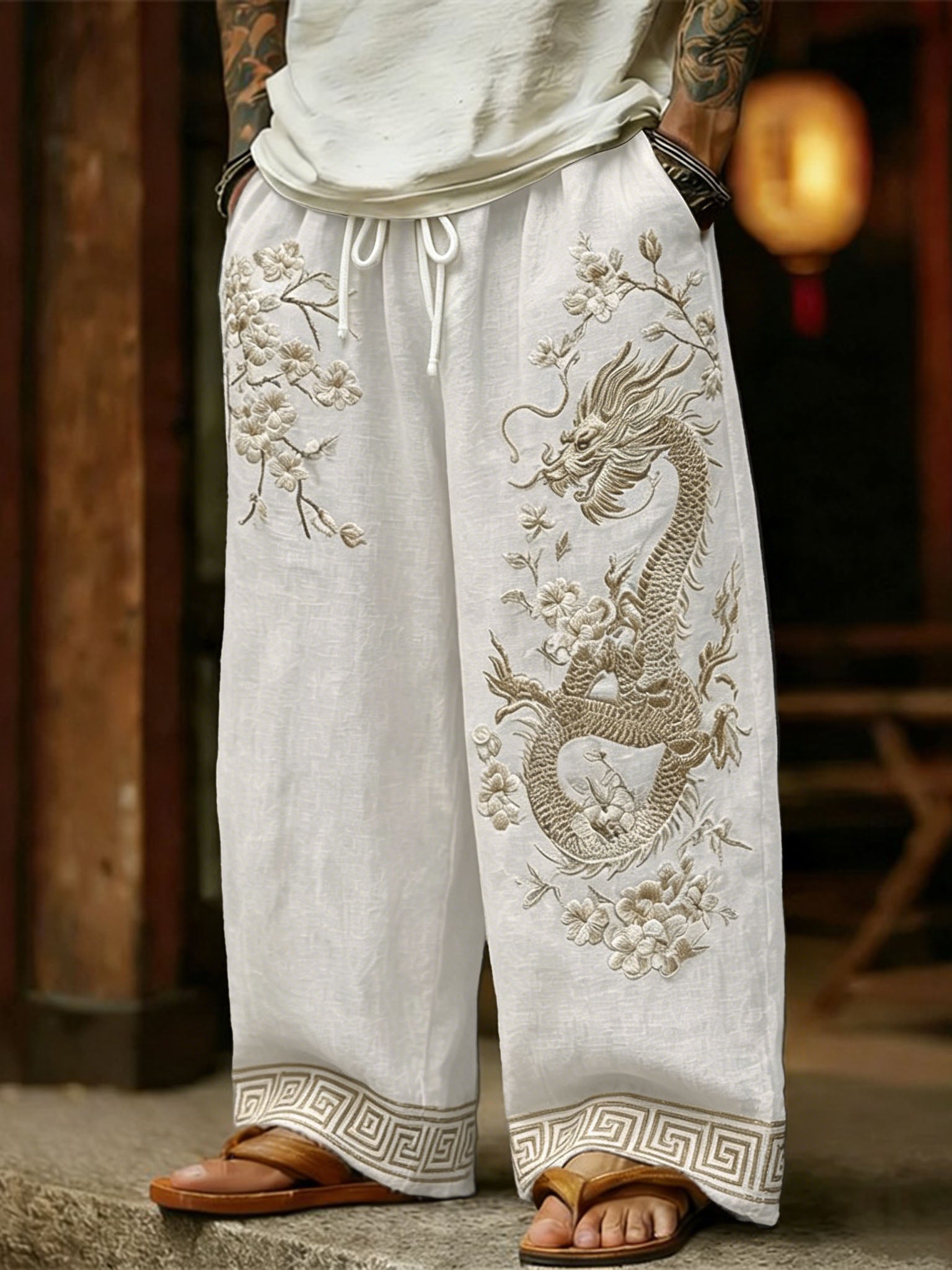 Men's Japanese-style Cherry Blossom With Dragon Pattern Linen Pants