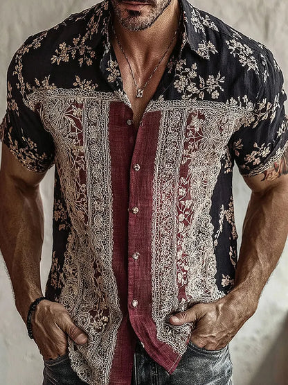Men's Retro Floral Patchwork Pattern Casual Shirt