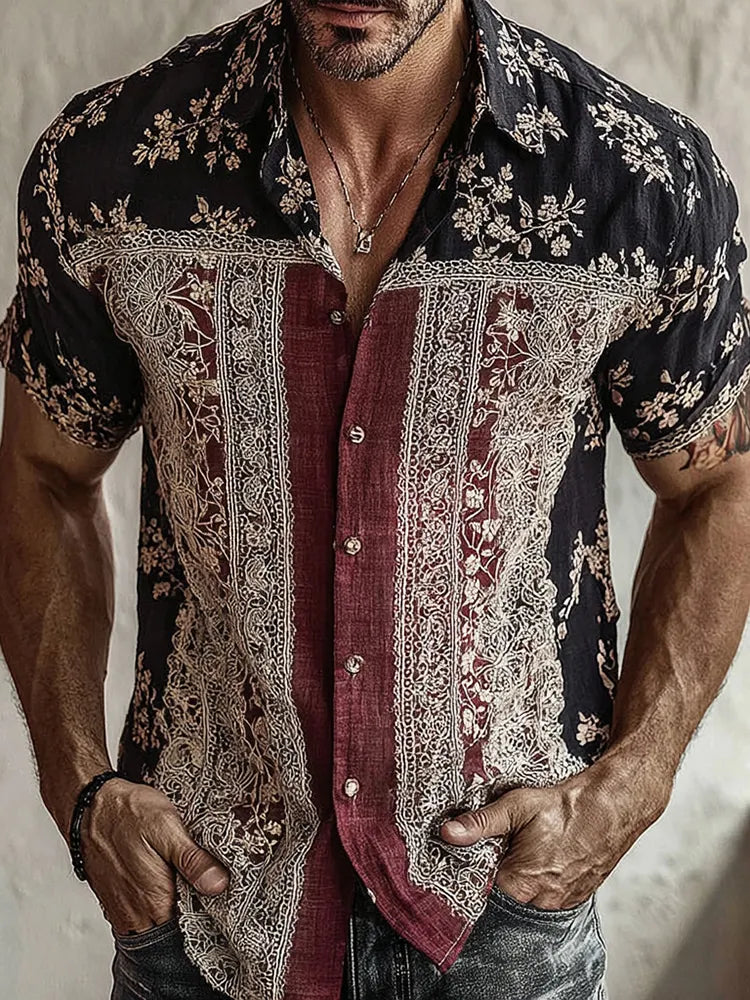 Men's Retro Floral Patchwork Pattern Casual Shirt