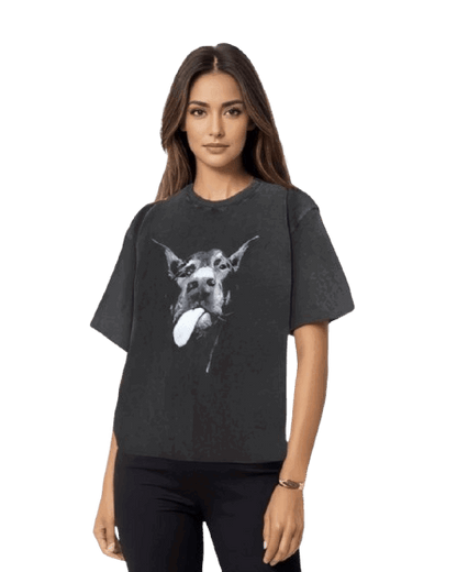 Vintage Washed Cotton T-Shirt Dog Face