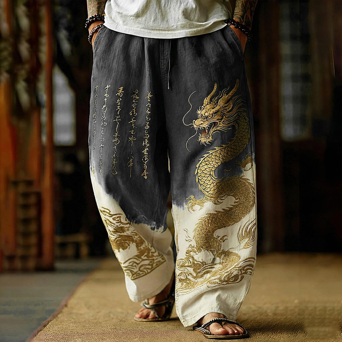 Japanese Retro Dragon Pattern And Calligraphy Art Tie-dye Pants