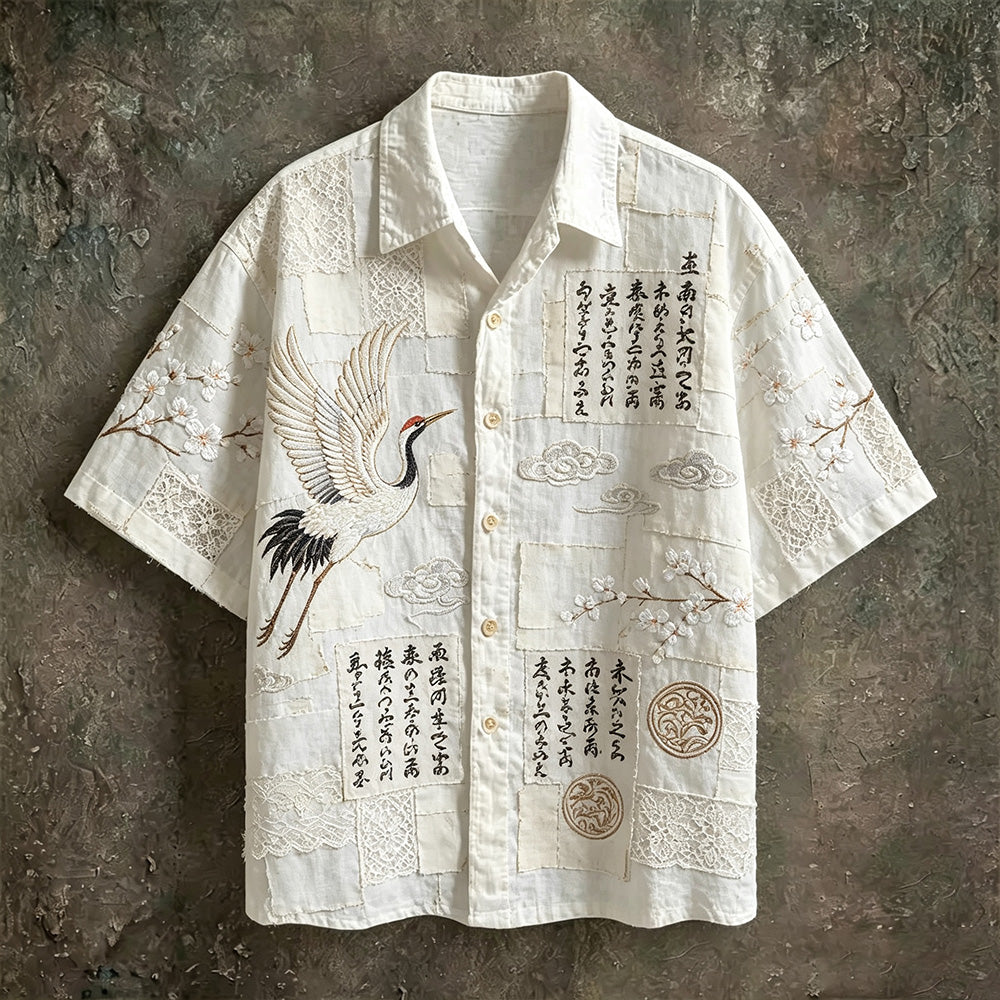 Men's Japanese Style Crane And Cherry Blossom Patchwork Art Short Sleeve Shirt