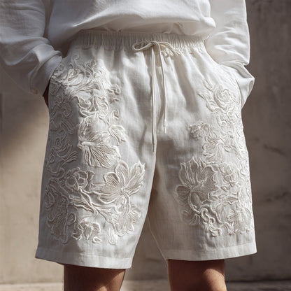 Men's Floral Lace Embroidered Comfy Linen Shorts