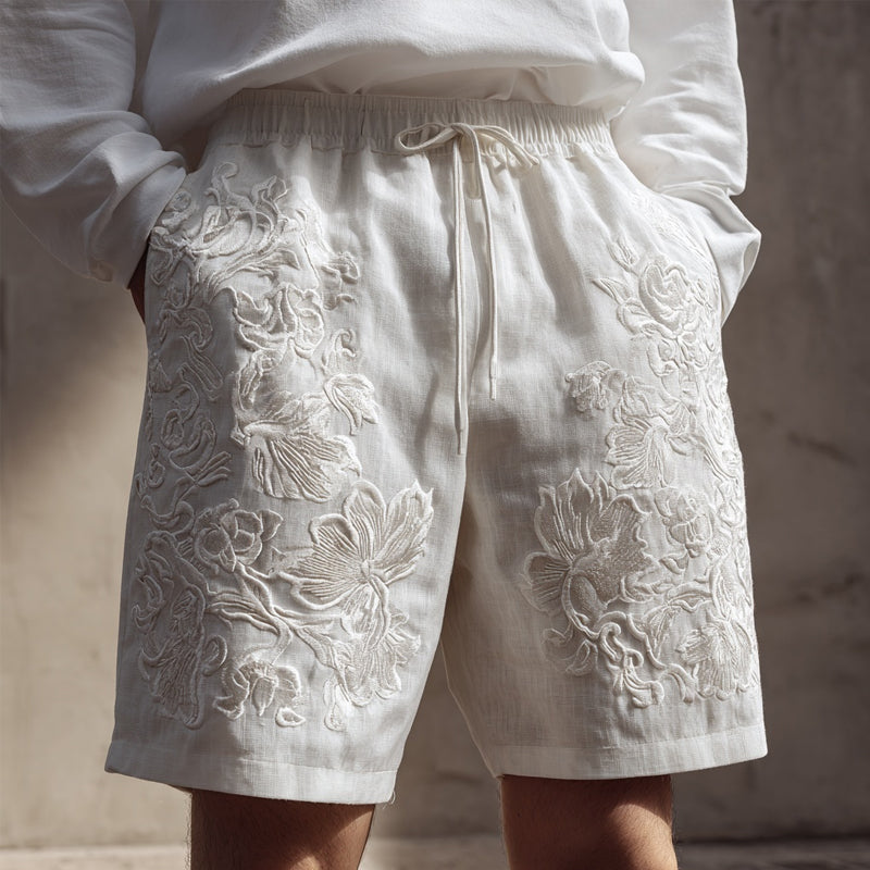 Men's Floral Lace Embroidered Comfy Linen Shorts
