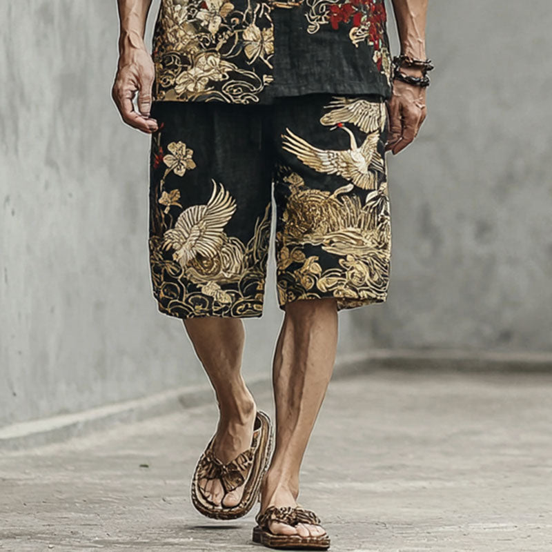 Men's Crane And Cloud Pattern Two-piece Set
