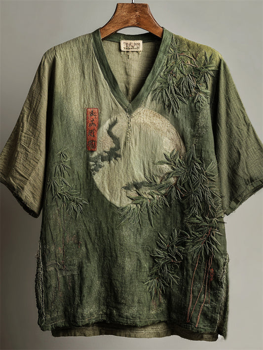 Japanese Bamboo Forest Full Moon Embroidered Gradient Linen Shirt