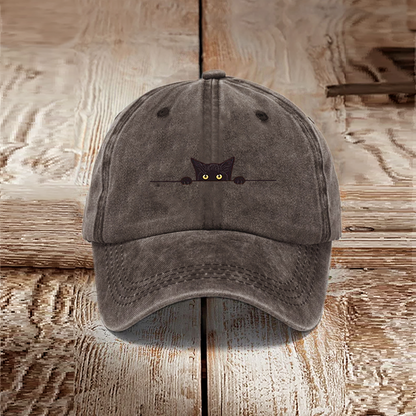 Japanese Art Black Cat Print Washed Hat