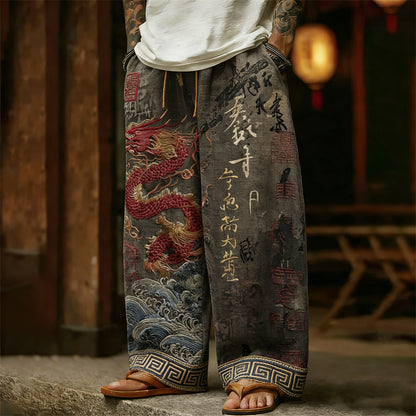 Men's Japanese Dragon Sea Waves Calligraphy Linen Pants