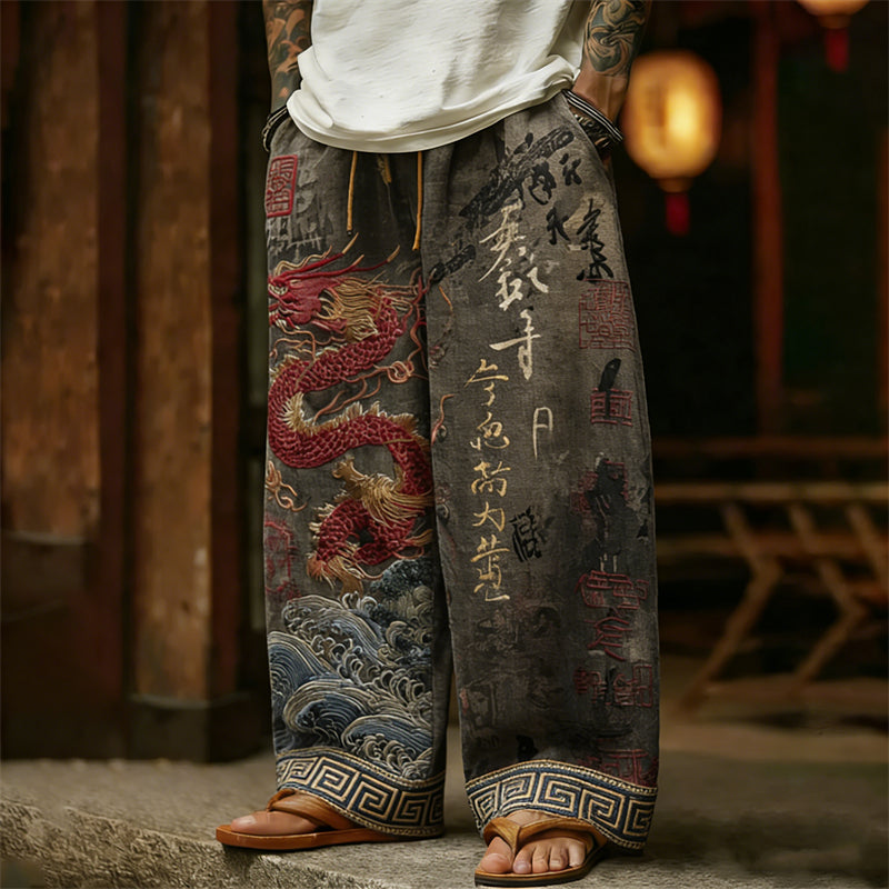Men's Japanese Dragon Sea Waves Calligraphy Linen Pants
