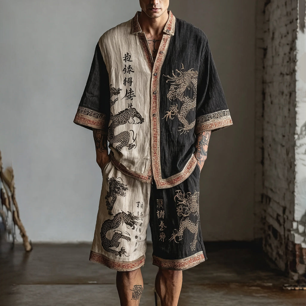 Men's Retro Dragon Color Block Two-piece Set