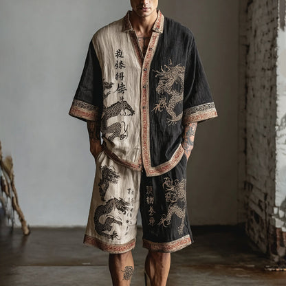 Men's Retro Dragon Color Block Two-piece Set